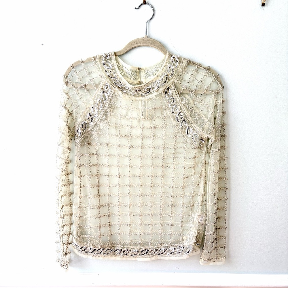 Endless Rose Sheer Mesh Top Silver Sequin Beads Off White Beige Long Sleeve S?